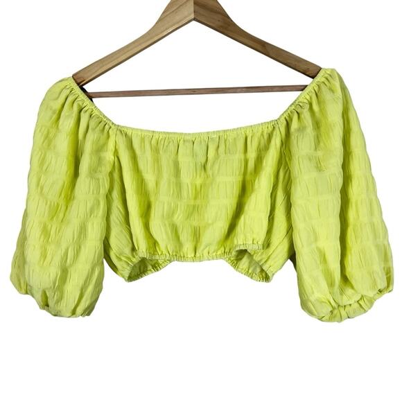 NWT Forever 21 Crop Top Womens S Neon Yellow Textured Puff Sleeve Milkmaid Boho - Picture 3 of 4